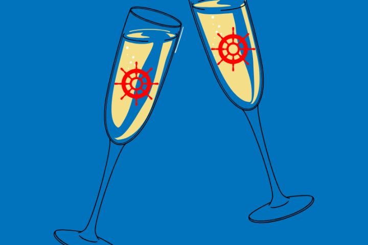 Two toasting champagne glasses with red ship wheels on a blue background.