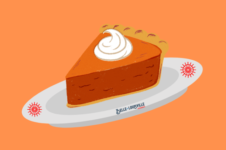 Slice of pumpkin pie with whipped cream on a decorative plate against an orange background.