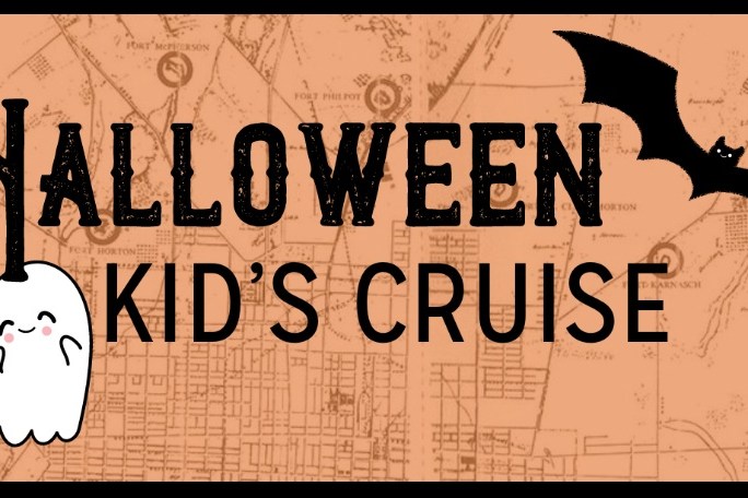 Halloween Kid's Cruise banner with ghost and bat over map background.