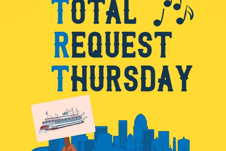 Text 'Total Request Thursday' with music notes and a hand holding a riverboat sign over a city skyline on yellow.