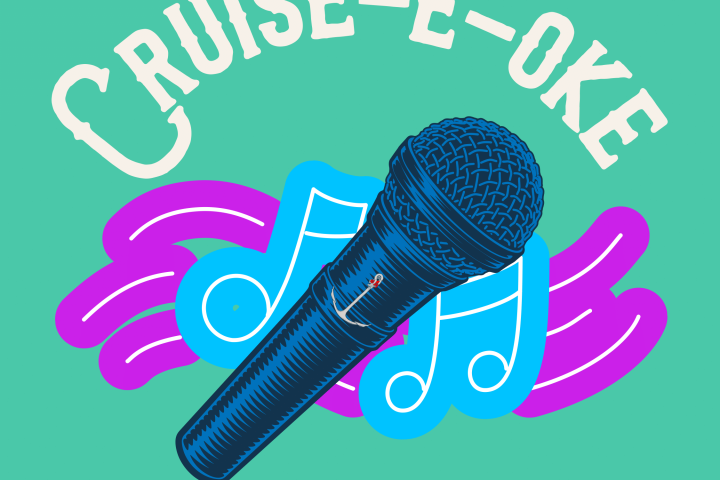 Illustration of a microphone with musical notes and the text 'CRUISE-E-OKE' on a teal background.