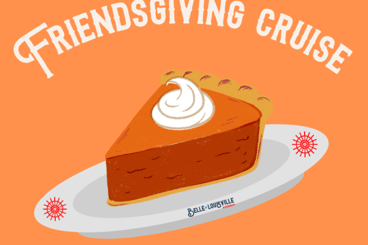 Illustration of pumpkin pie slice and 'Friendsgiving Cruise' text on orange background.