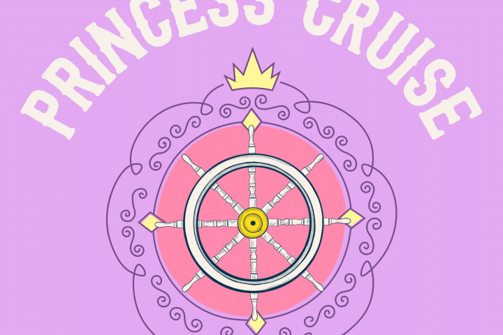 Logo with a ship wheel and crown, labeled 'Princess Cruise' on a purple background.