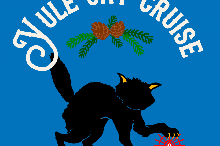 Black cat with red yarn below 'Yule Cat Cruise' text and pine cones illustration on blue background.