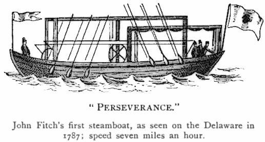 Illustration of John Fitch's 1787 steamboat 'Perseverance' on water, with text describing its speed.