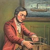 Illustration of a man in period clothing working on early machinery, with a steamboat painting in the background.